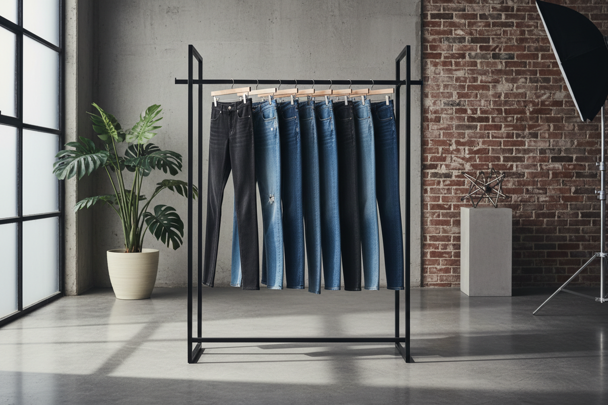 puedes poner más pantalones y hazlo sobre un rack, con un fondo moderno como sifuera sesion de fotos